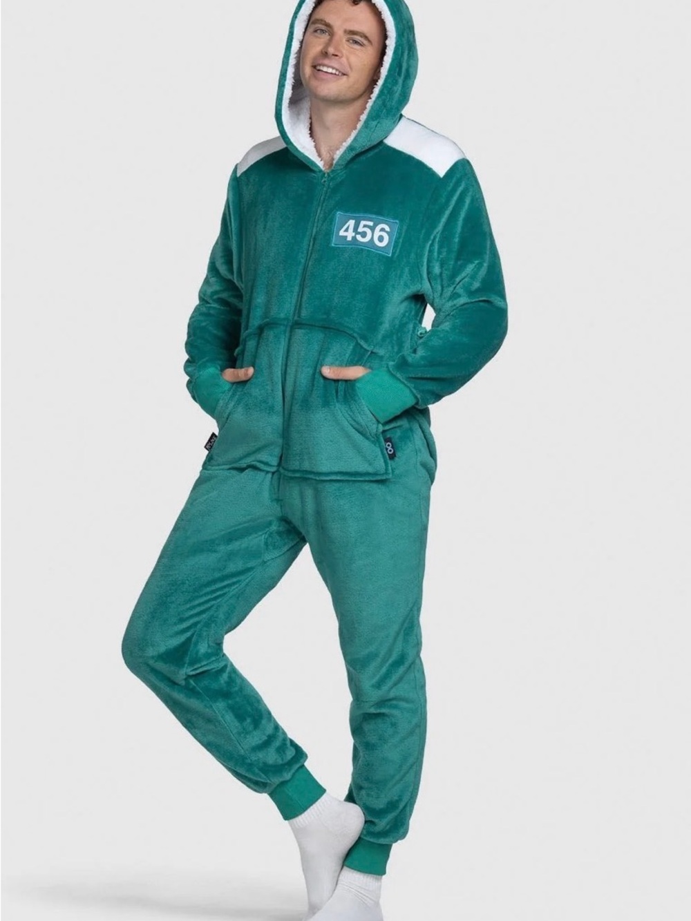 Plush Teal Hooded Onesie Pajama Set with 456 Patch